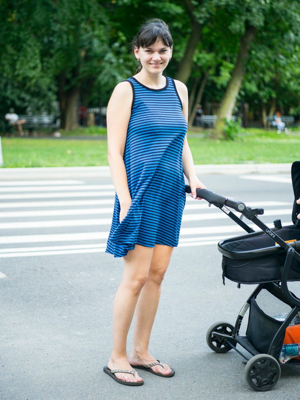 Dress, Product, Shoulder, Baby carriage, Human leg, Baby Products, Street fashion, One-piece garment, Electric blue, Day dress, 