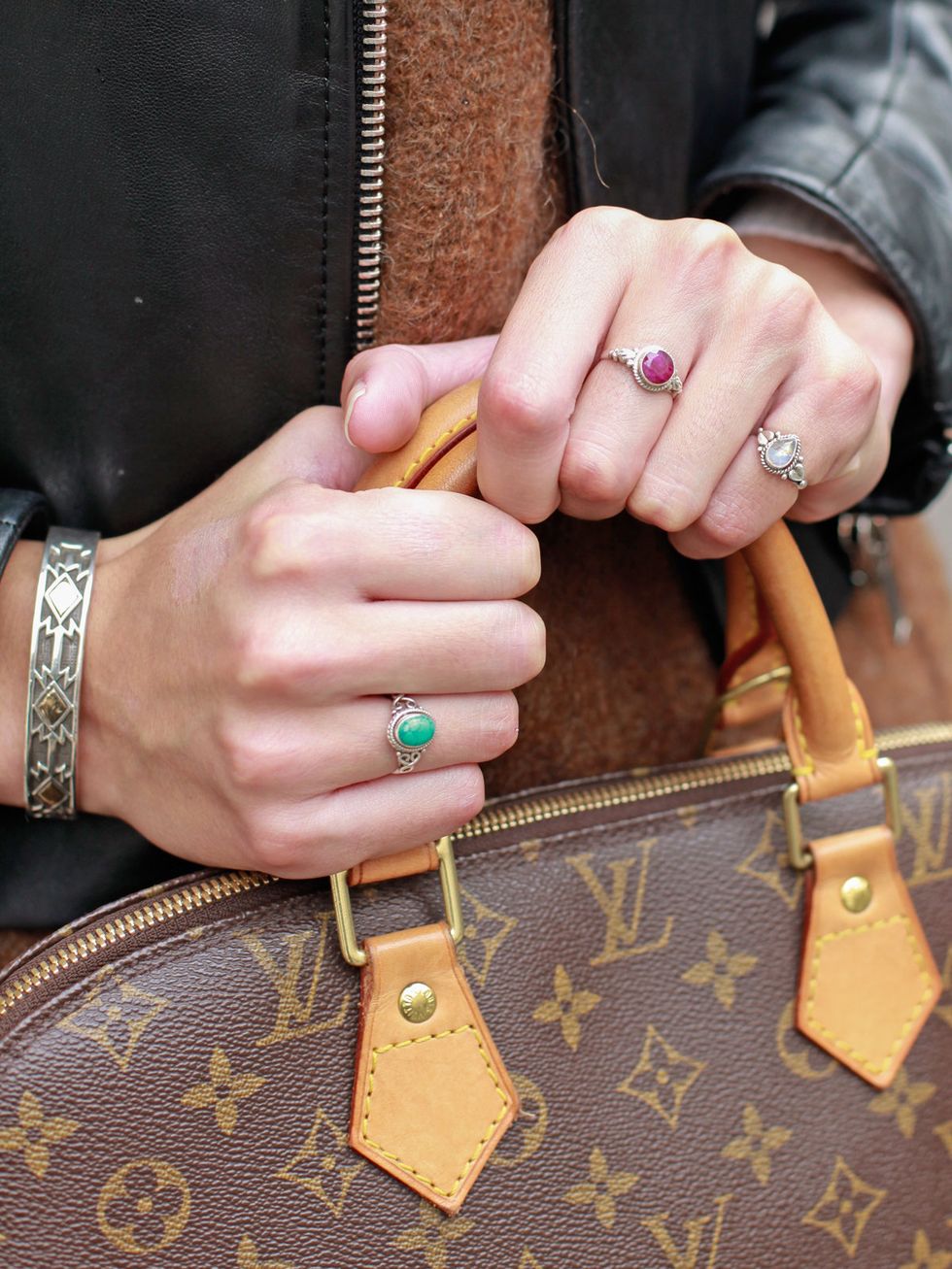Finger, Brown, Wrist, Hand, Fashion accessory, Style, Nail, Fashion, Tan, Leather, 