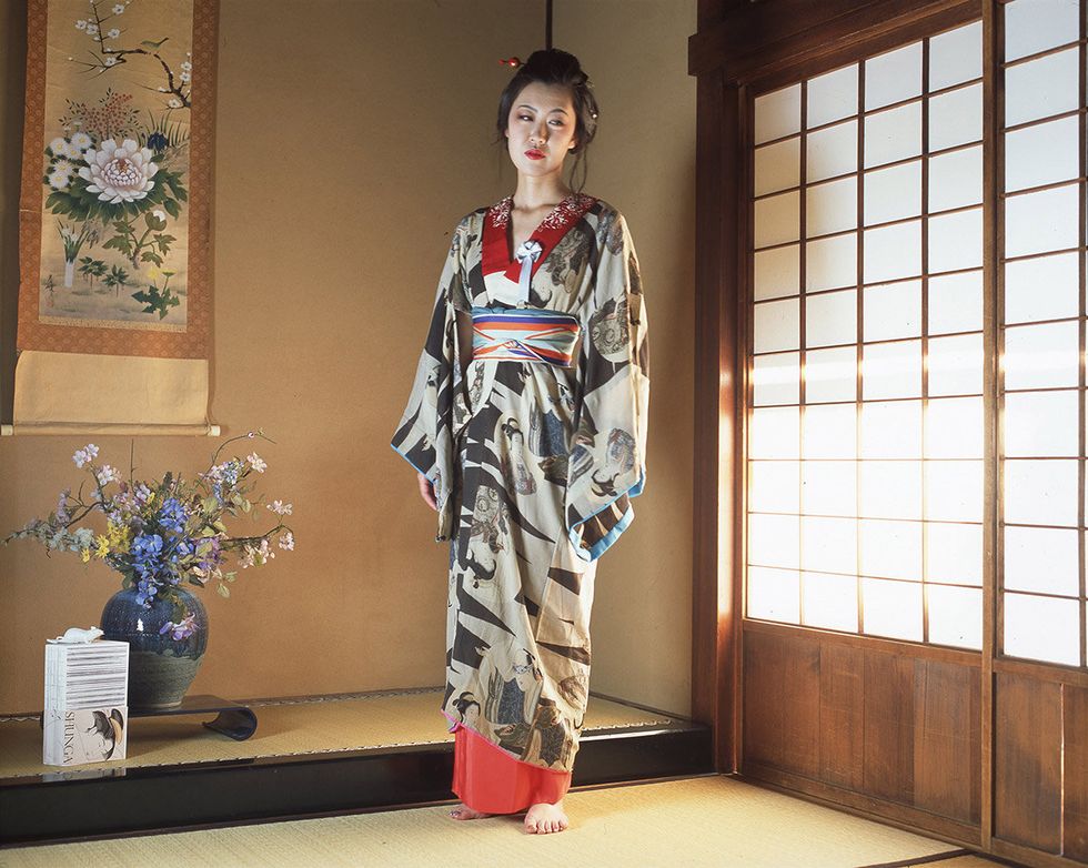 Sleeve, Flooring, Floor, Flowerpot, Temple, Kimono, Costume, Picture frame, Shōji, Shimada, 