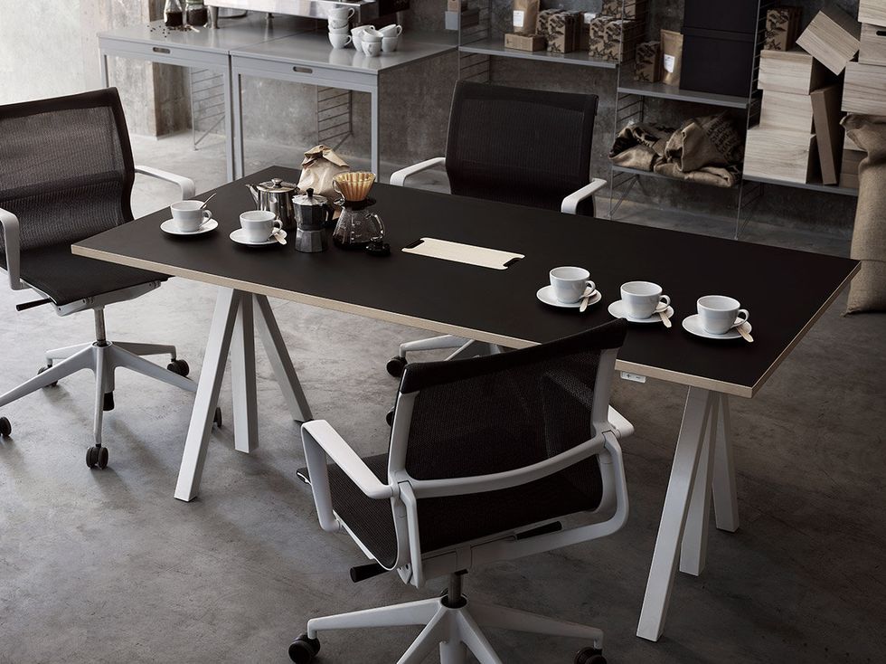 Furniture, Table, Chair, Room, Interior design, Black-and-white, Desk, Office chair, Floor, Flooring, 