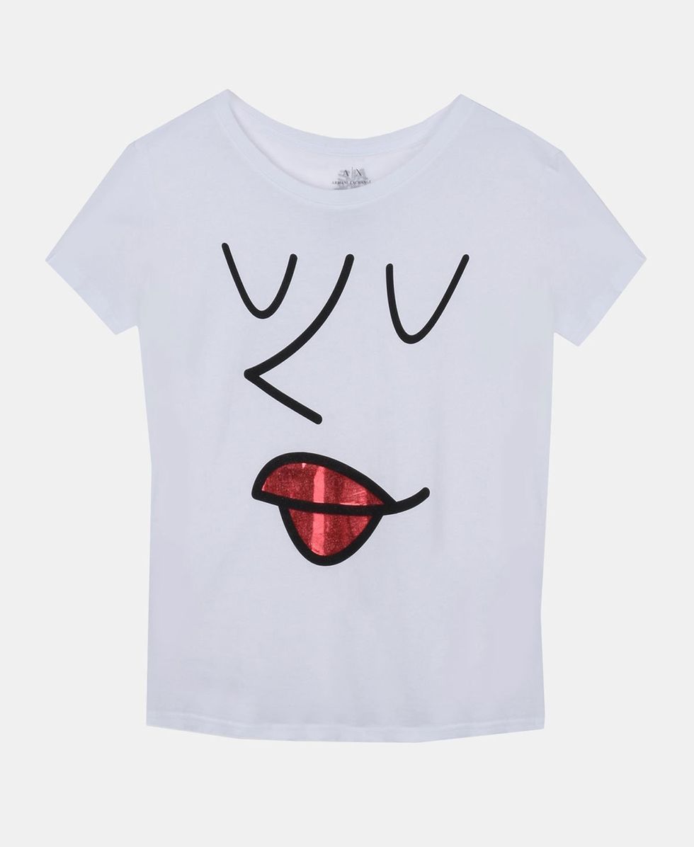 T-shirt, White, Product, Clothing, Facial expression, Red, Smile, Sleeve, Text, Tongue, 