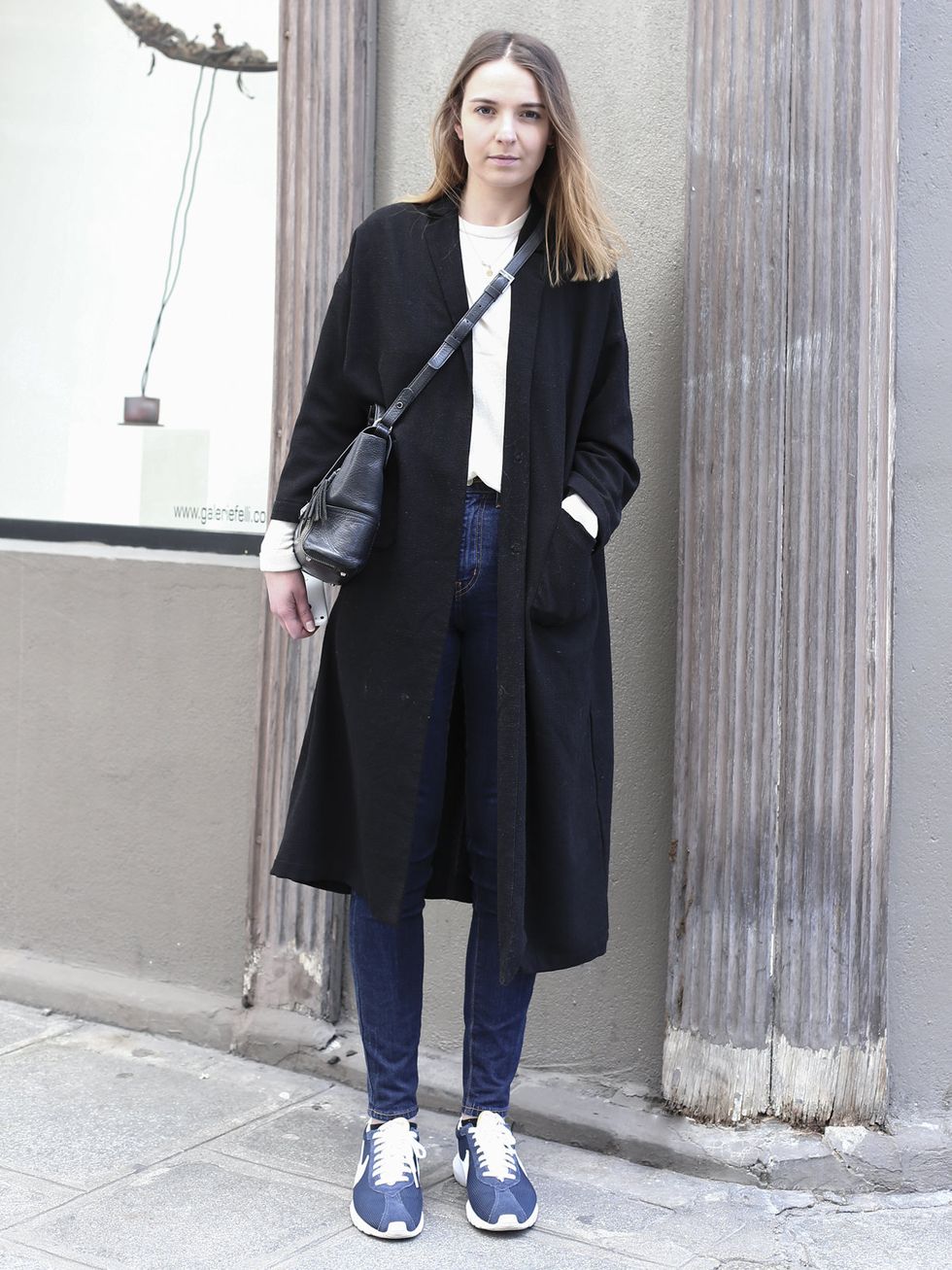 Clothing, Blue, Sleeve, Collar, Shoe, Outerwear, Standing, Coat, Style, Street fashion, 