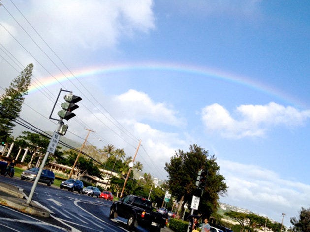 Sky, Daytime, Cloud, Road, Infrastructure, Rainbow, Road surface, Street light, Asphalt, Street, 