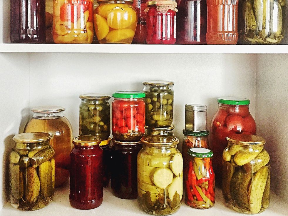 Food storage containers, Red, Mason jar, Preserved food, Canning, Food storage, Ingredient, Bottle, Home accessories, Shelving, 