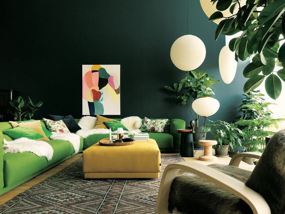 Yellow, Room, Green, Interior design, Living room, Wall, Furniture, Interior design, Home, Lamp, 