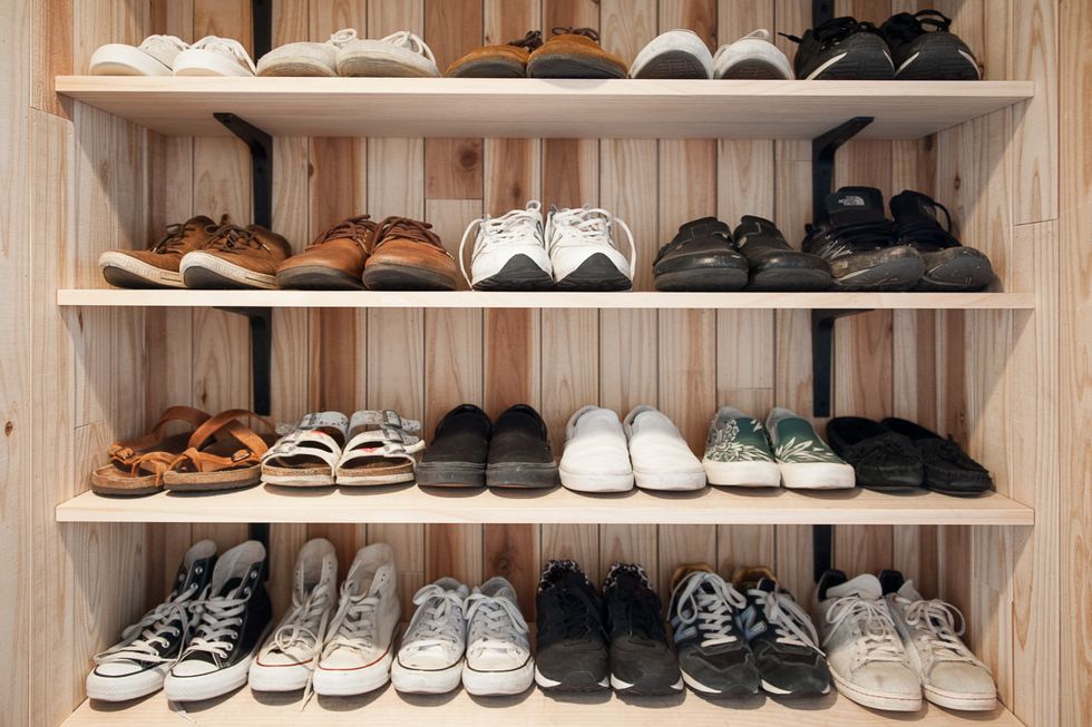 Footwear, Brown, Product, Shoe, Shelf, White, Shelving, Collection, Carmine, Athletic shoe, 