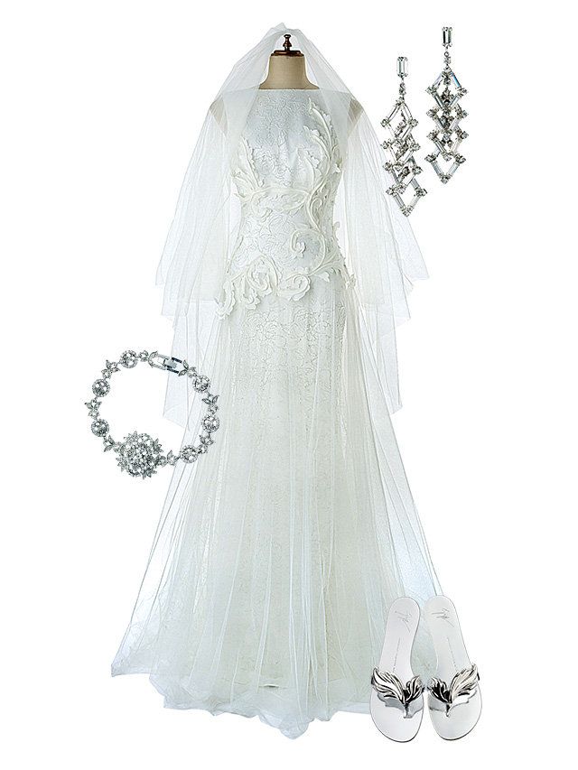 Bridal accessory, Dress, White, Bridal clothing, Veil, Bridal veil, Wedding dress, Gown, Formal wear, Bride, 