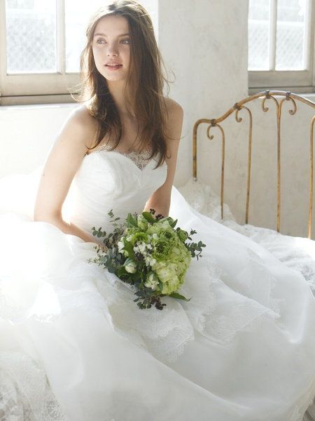 Clothing, Dress, Window, Bridal clothing, Shoulder, Bouquet, Photograph, White, Bride, Wedding dress, 