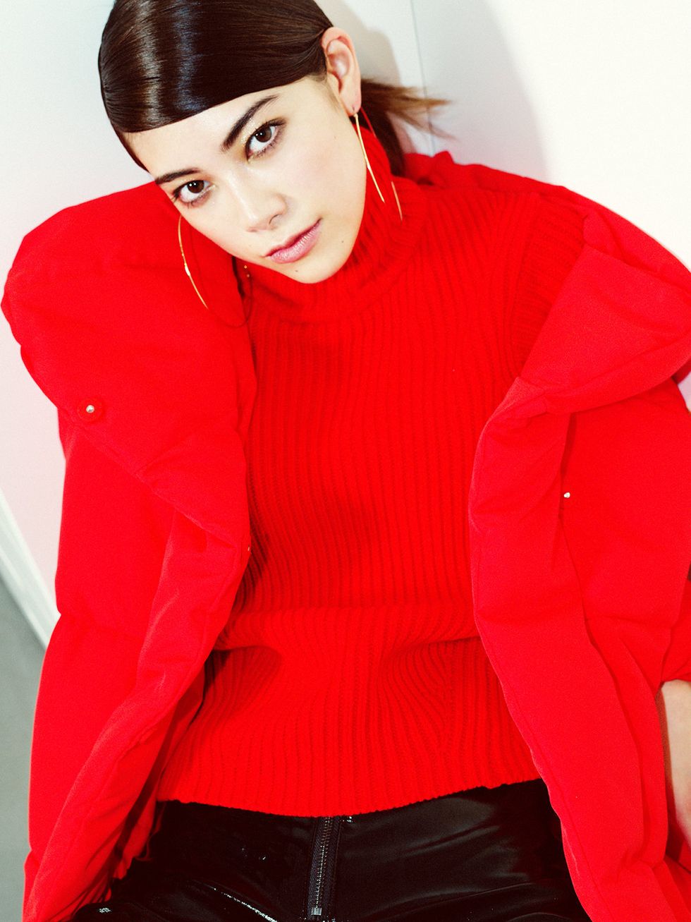 Clothing, Red, Outerwear, Beauty, Jacket, Lip, Sleeve, Neck, Shoulder, Fashion, 