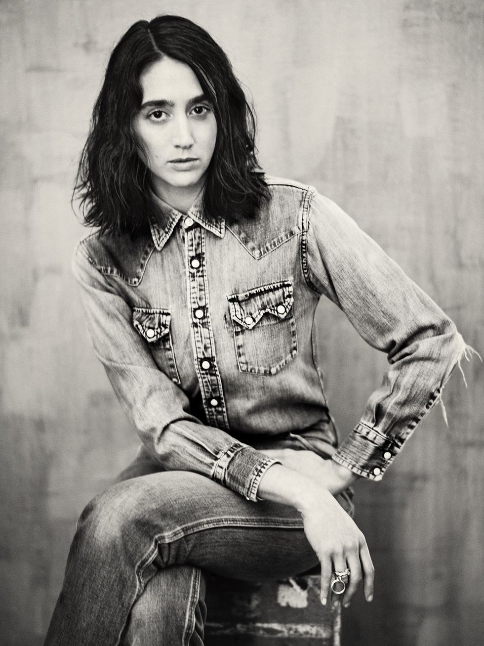 Sitting, Photo shoot, Photography, Long hair, Portrait, Black-and-white, Style, Monochrome, Black hair, Jeans, 
