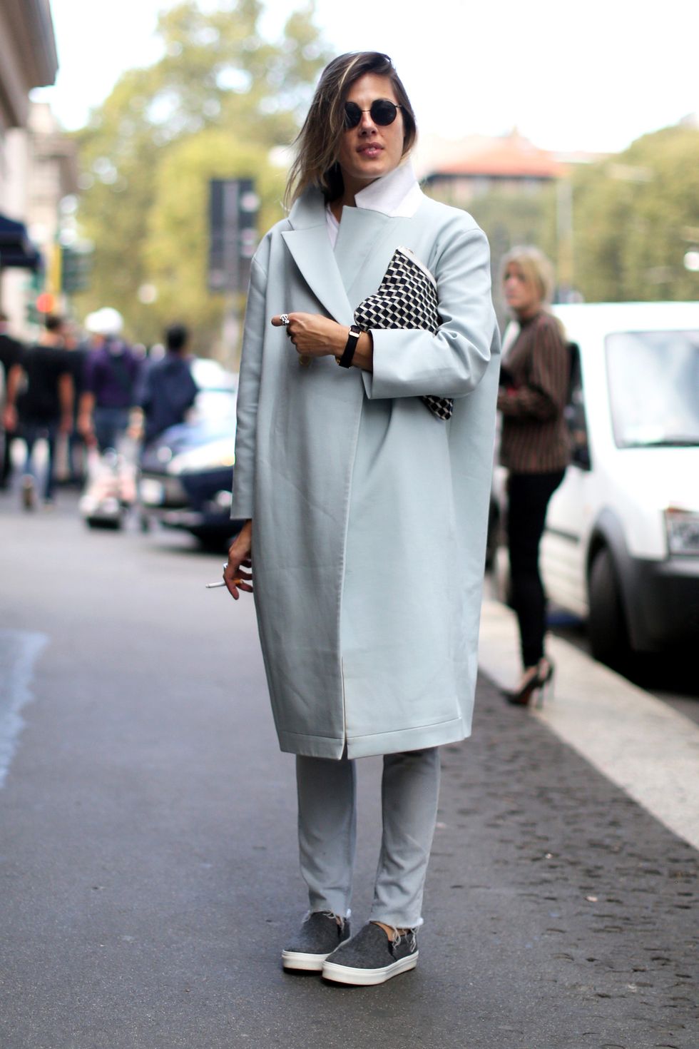 Clothing, Road, Infrastructure, Street, Outerwear, White, Street fashion, Style, Coat, Sunglasses, 