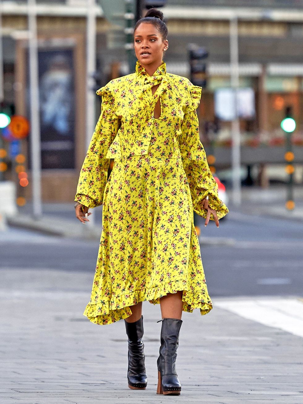 Clothing, Yellow, Sleeve, Textile, Outerwear, Style, Street fashion, Boot, Pattern, Dress, 