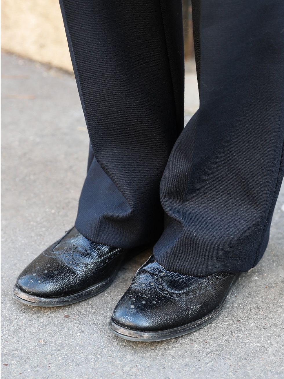 Black, Grey, Dress shoe, Suit trousers, Leather, 