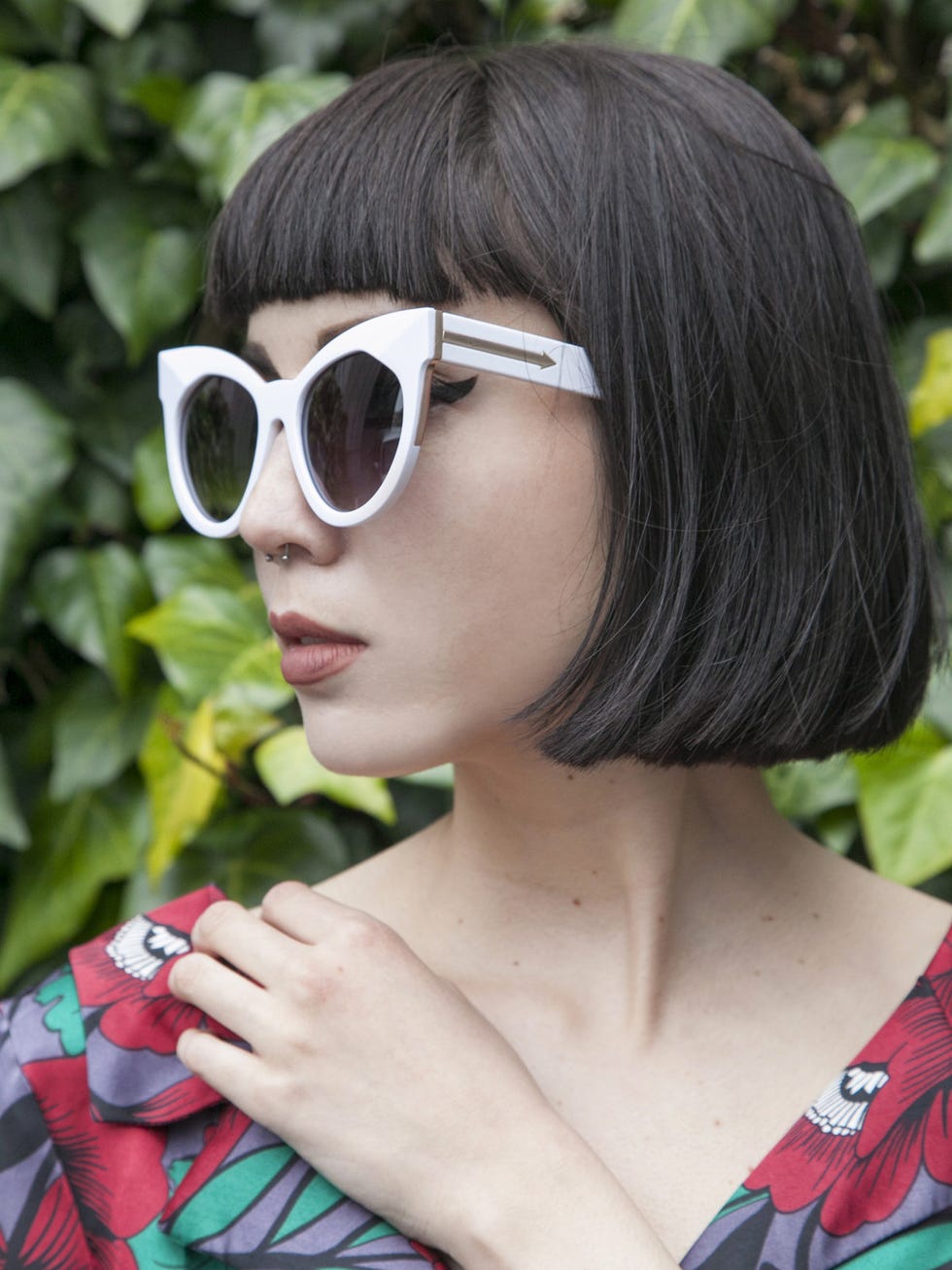 Eyewear, Hair, Sunglasses, Face, Glasses, Hairstyle, Cool, Bob cut, Lip, Bangs, 