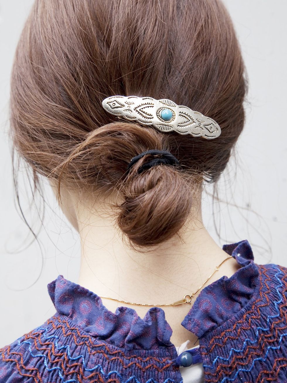 Clothing, Hair, Blue, Brown, Hairstyle, Hair accessory, Style, Fashion accessory, Fashion, Earrings, 
