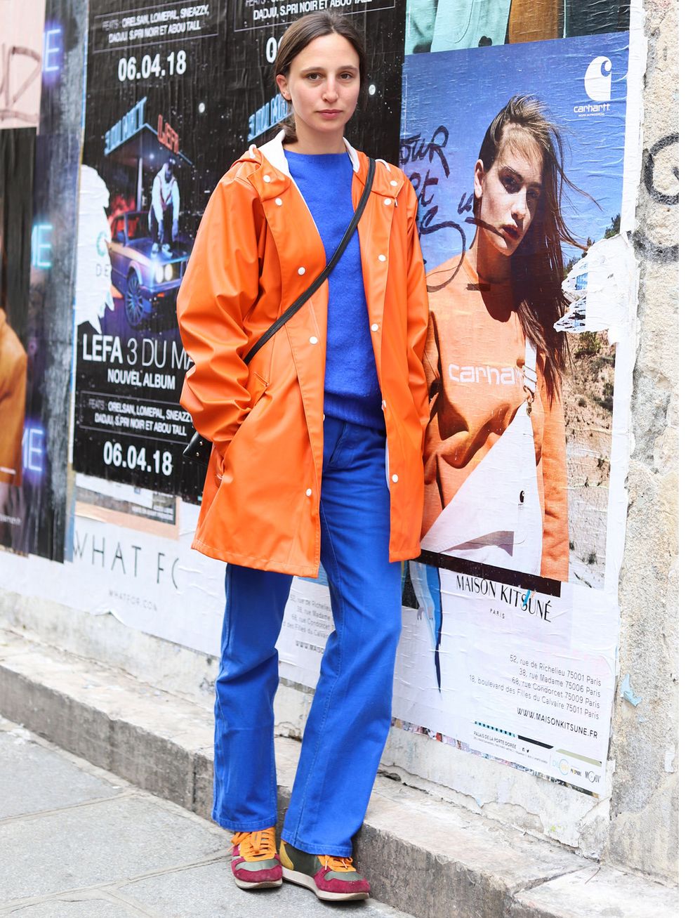 Sleeve, Outerwear, Coat, Style, Street fashion, Orange, Electric blue, Bag, Advertising, Poster, 