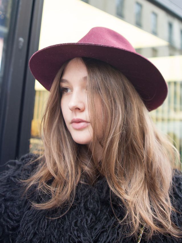 Clothing, Nose, Lip, Mouth, Hairstyle, Hat, Street fashion, Headgear, Feathered hair, Long hair, 