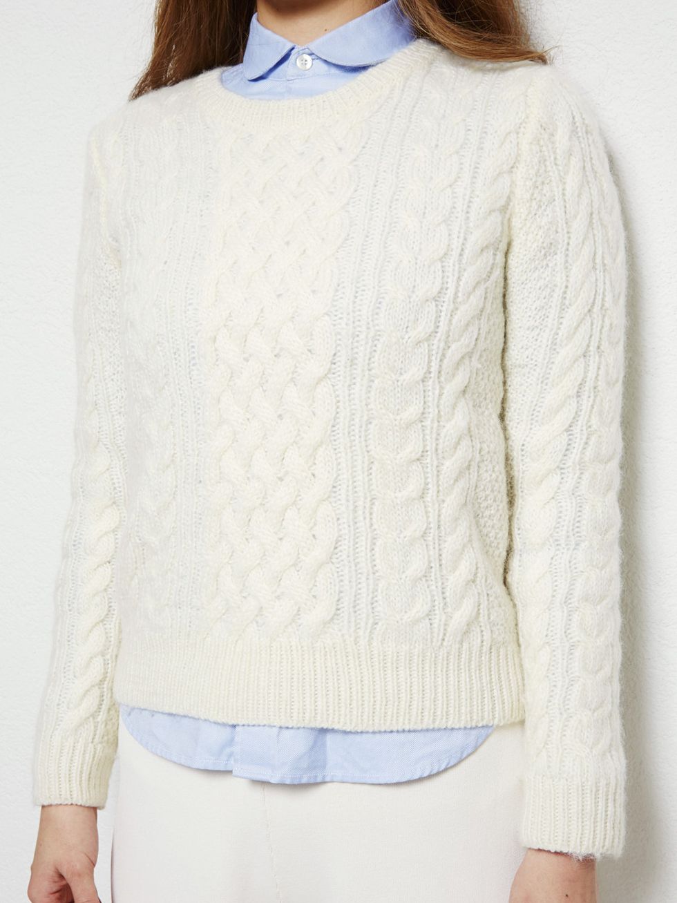 Clothing, Blue, Product, Sleeve, Shoulder, Textile, Joint, White, Sweater, Denim, 