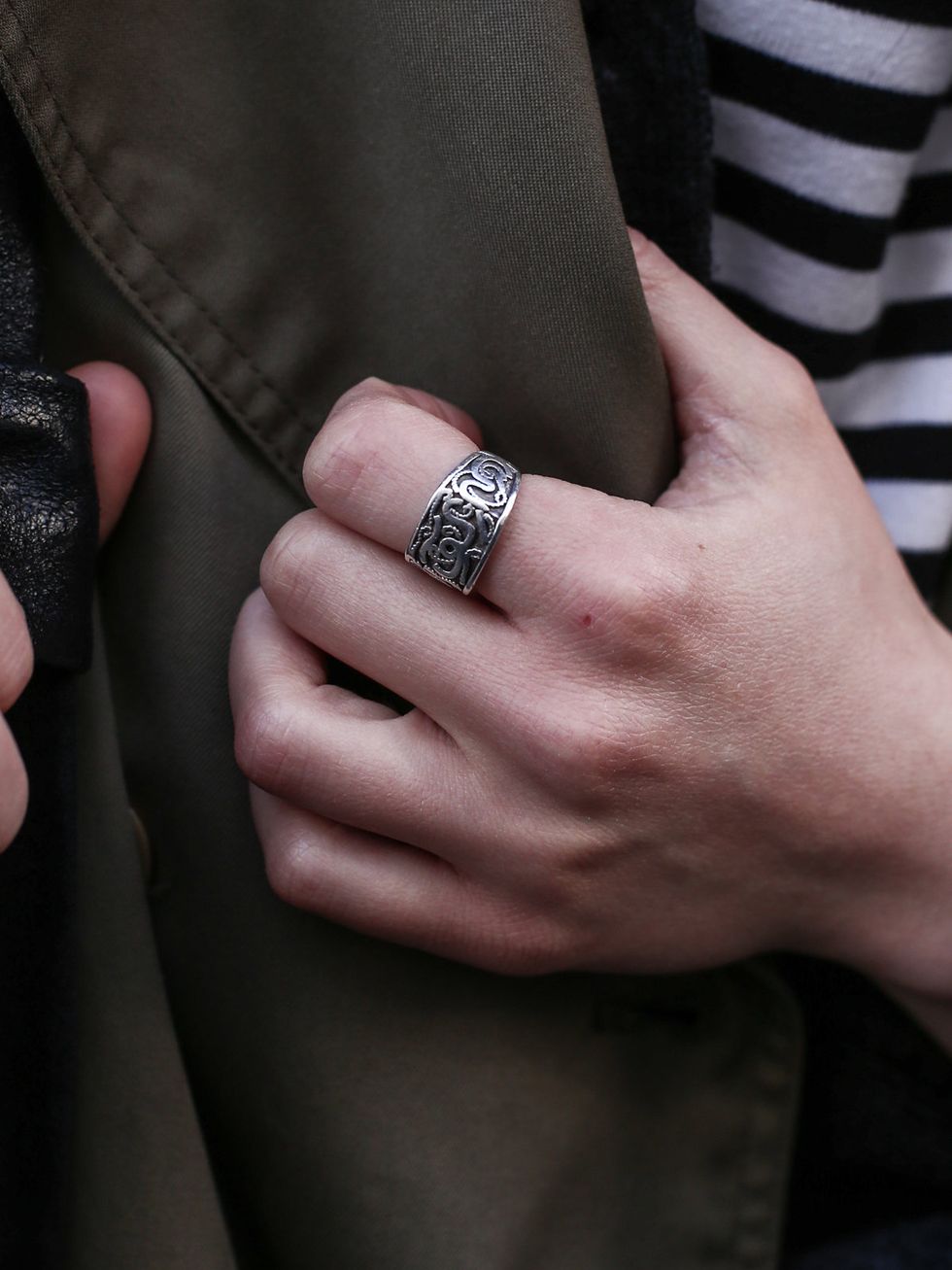Finger, Hand, Wrist, Nail, Jewellery, Ring, Fashion, Engagement ring, Black, Pattern, 