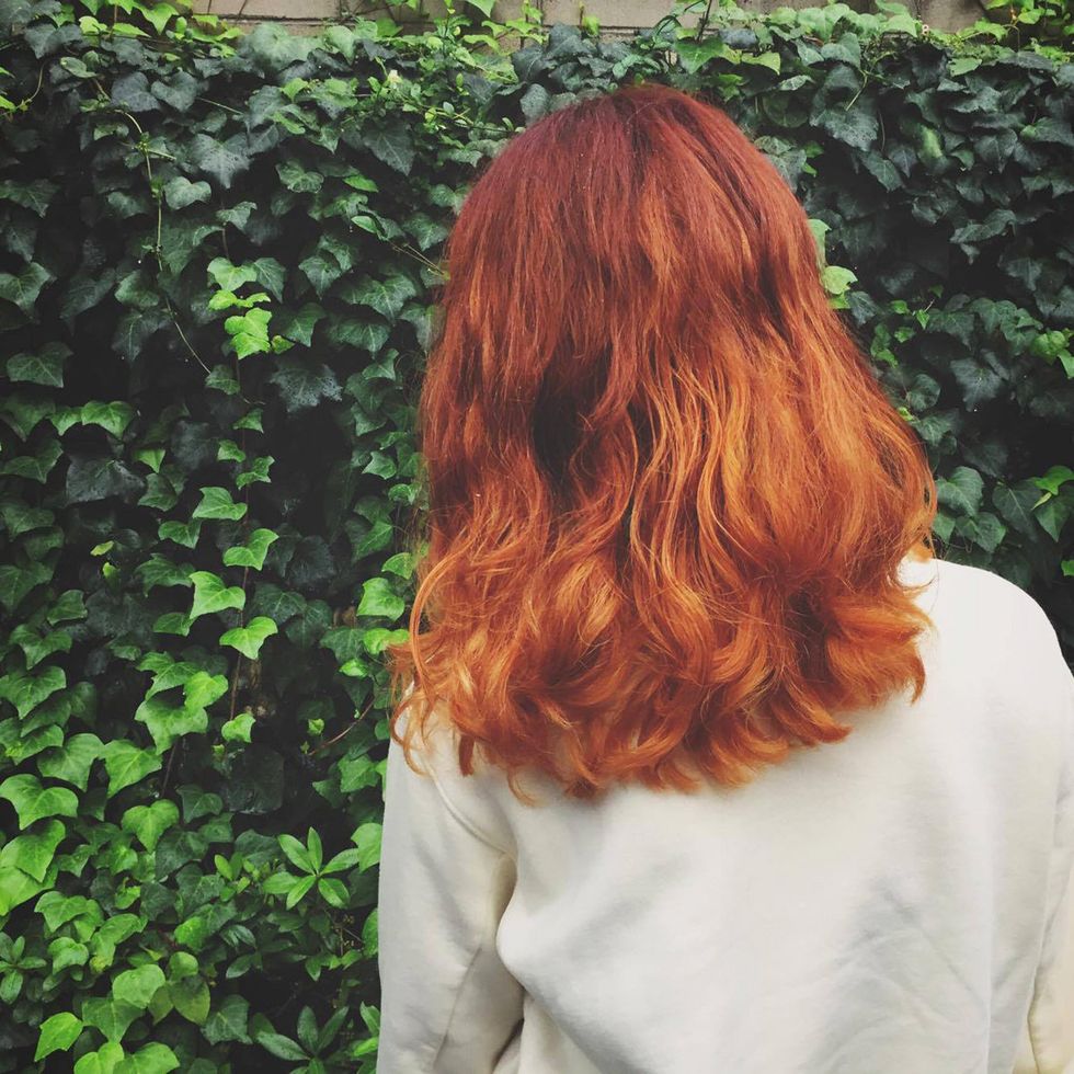 Hairstyle, Sleeve, Style, Red hair, Orange, Hair coloring, Groundcover, Shrub, Liver, Long hair, 