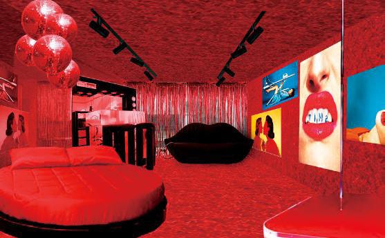 Red, Room, Interior design, Furniture, Building, Ceiling, 