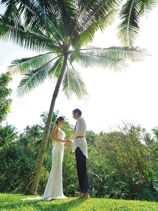 Clothing, Dress, Photograph, Tree, Wedding dress, People in nature, Bride, Interaction, Woody plant, Bridal clothing, 