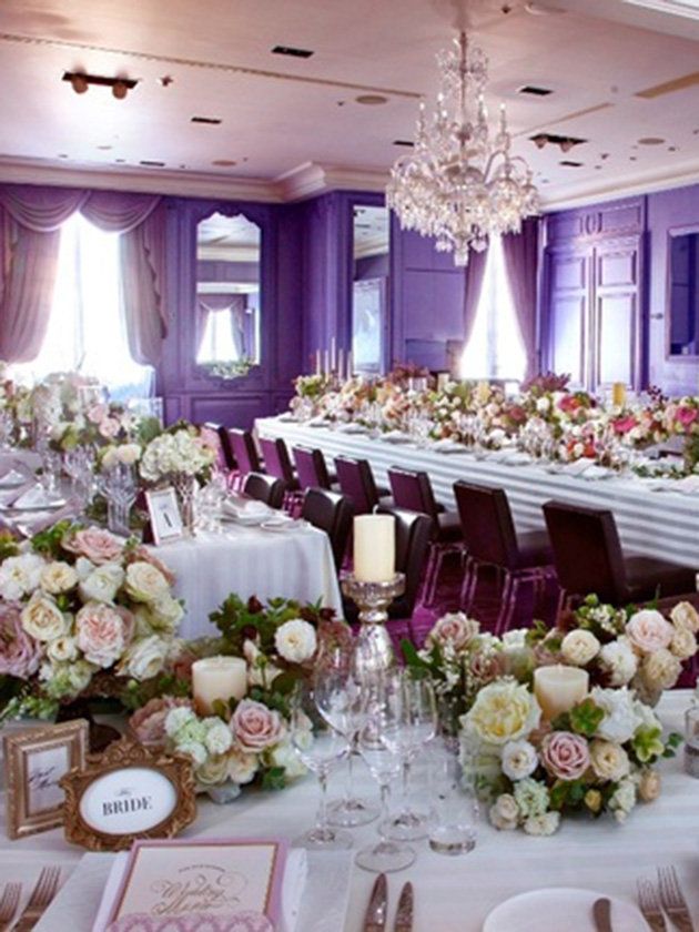Decoration, Wedding banquet, Function hall, Wedding reception, Rehearsal dinner, Flower Arranging, Floristry, Centrepiece, Pink, Purple, 