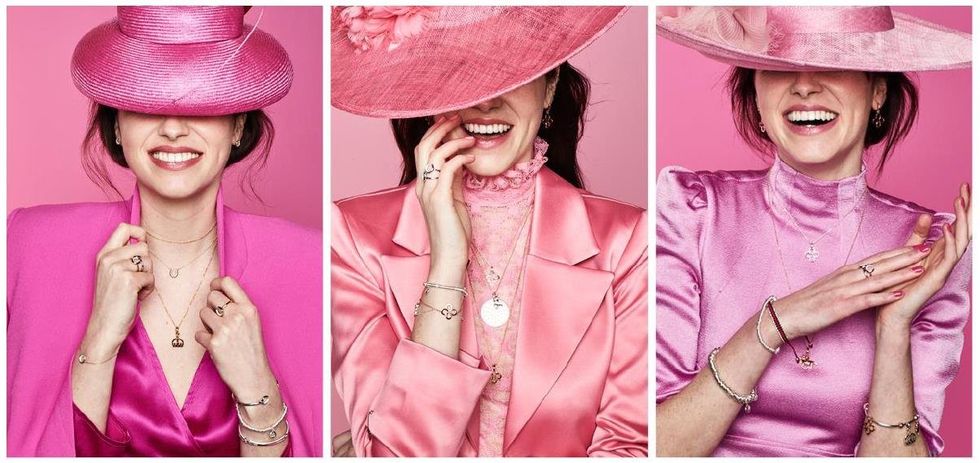 Clothing, Smile, Hat, Fashion accessory, Hand, Outerwear, Pink, Magenta, Facial expression, Style, 