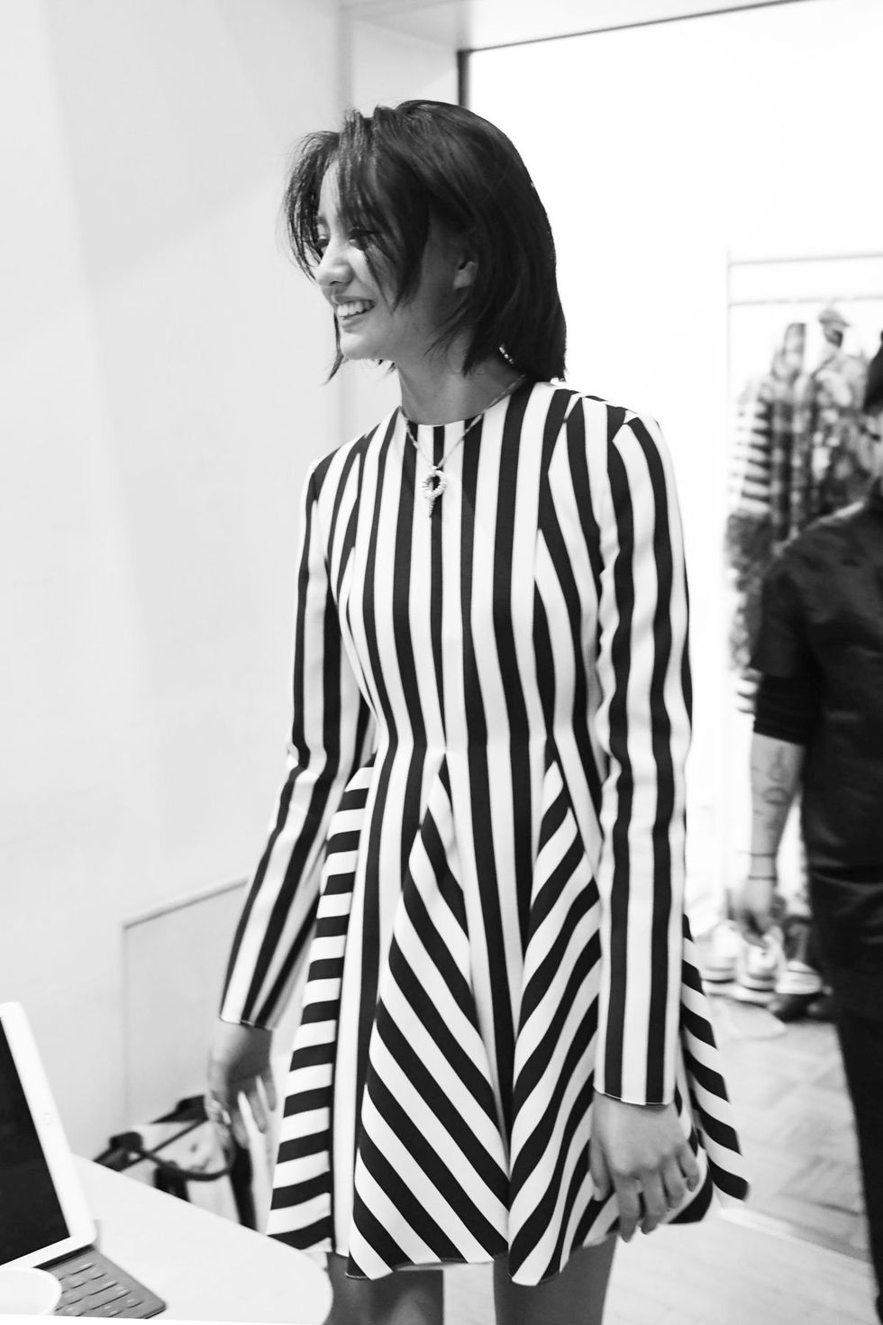 Sleeve, Shoulder, Joint, Standing, Style, Bangs, Street fashion, Fashion, Monochrome, Monochrome photography, 