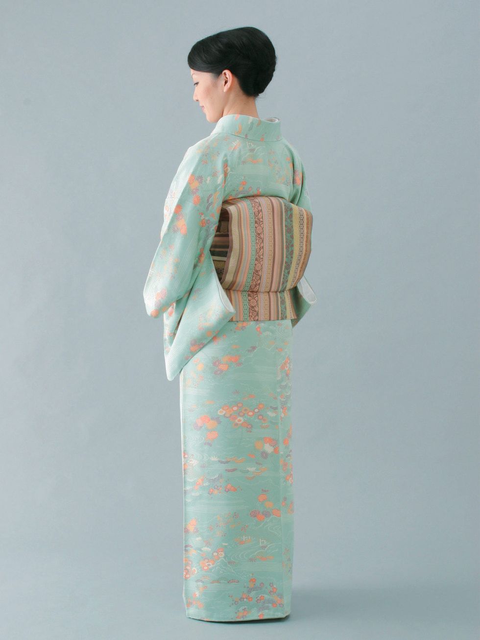 Sleeve, Standing, Headgear, Kimono, Teal, Costume, Shimada, Costume design, Fashion design, Pattern, 