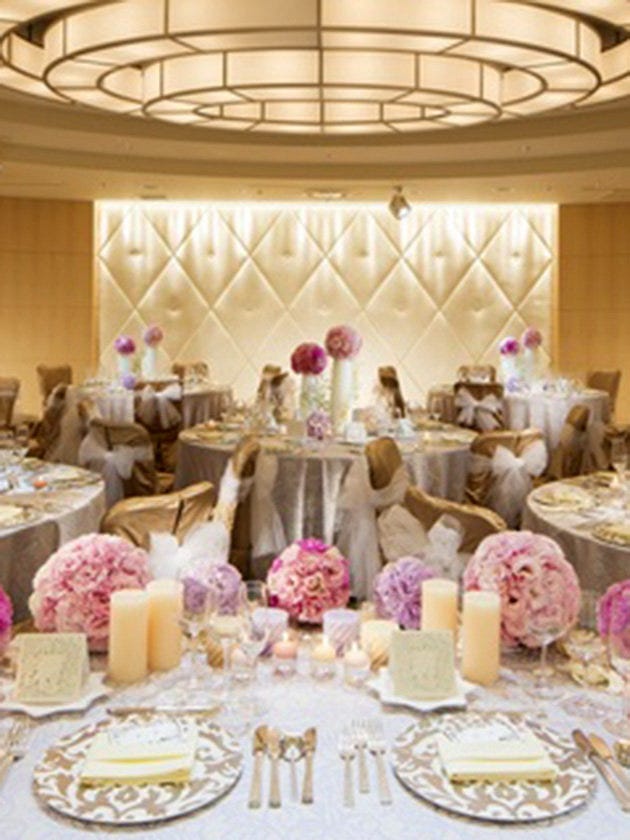 Decoration, Wedding banquet, Function hall, Pink, Chiavari chair, Wedding reception, Banquet, Interior design, Peach, Party, 