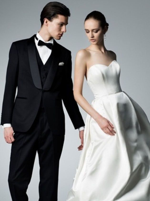 Suit, Clothing, Formal wear, Dress, Fashion model, Gown, White, Tuxedo, Shoulder, Wedding dress, 
