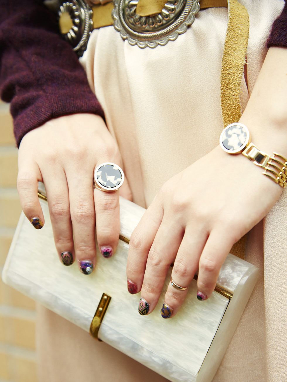 Finger, Yellow, Hand, Wrist, Fashion accessory, Style, Nail, Watch, Fashion, Metal, 