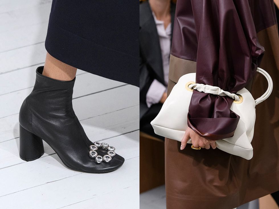 Collar, Style, Fashion, Black, Bag, Blazer, Shoulder bag, Tie, Leather, High heels, 