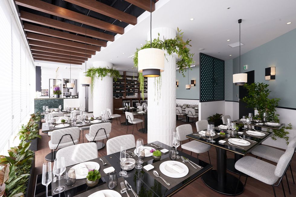 White, Interior design, Property, Building, Room, Restaurant, Ceiling, Furniture, Table, House, 