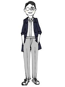 Standing, Cartoon, Illustration, Suit, Formal wear, Black-and-white, Glasses, Sketch, Drawing, Style, 