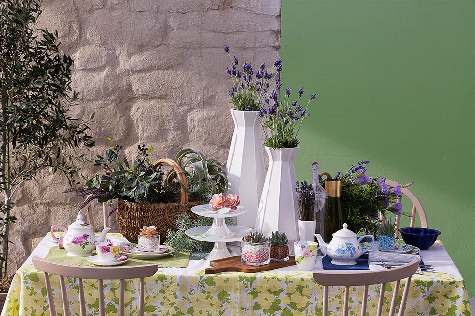 Serveware, Flowerpot, Lavender, Purple, Table, Dishware, Furniture, Violet, Porcelain, Interior design, 