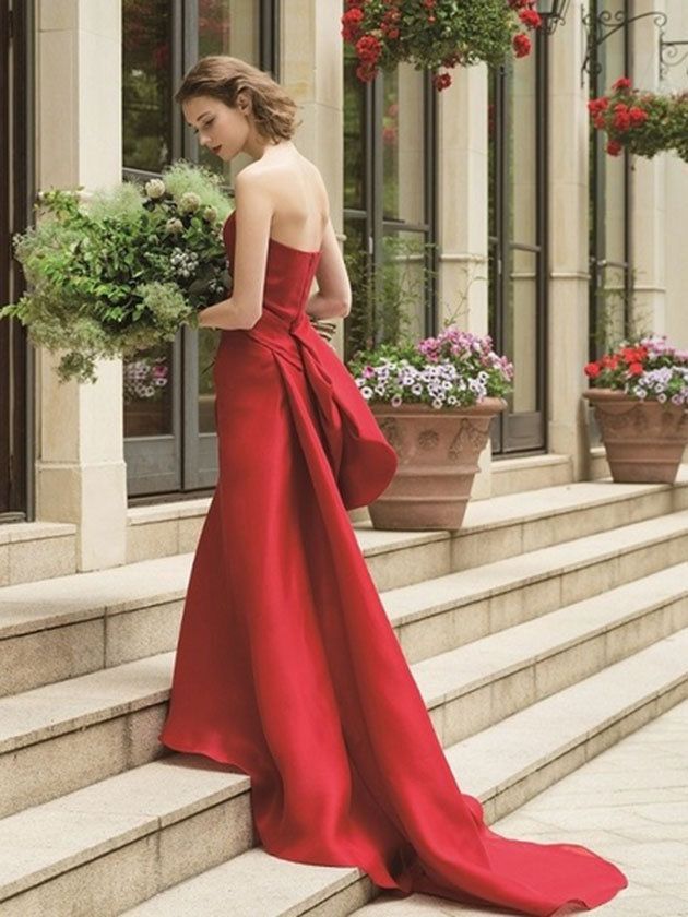 Clothing, Dress, Shoulder, Red, Stairs, Formal wear, Petal, Style, Gown, Flowerpot, 