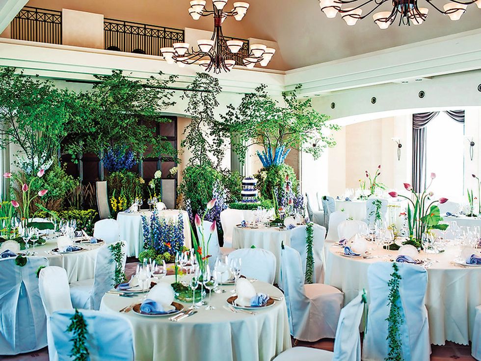 Decoration, Wedding banquet, Turquoise, Wedding reception, Restaurant, Function hall, Table, Rehearsal dinner, Room, Party, 