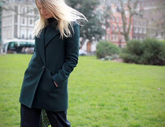 Sleeve, Green, Coat, Collar, Street fashion, Blazer, Blond, Lawn, Overcoat, Top, 