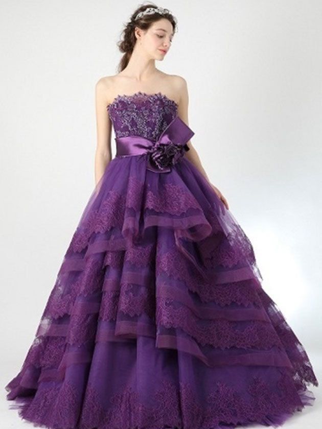 Gown, Clothing, Dress, Fashion model, Bridal party dress, Purple, Formal wear, Strapless dress, Shoulder, Violet, 