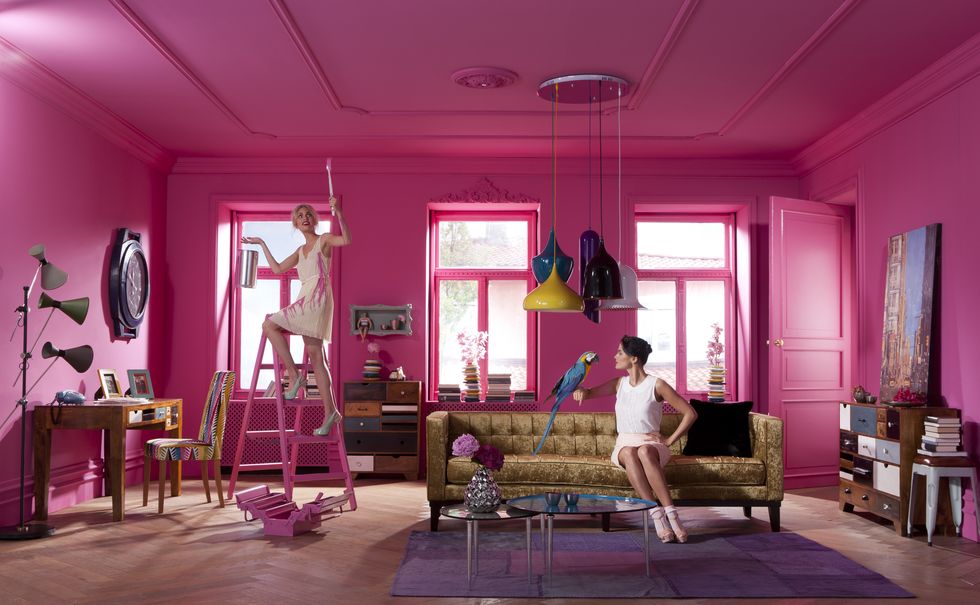 Room, Interior design, Purple, Furniture, Ceiling, Magenta, Pink, Flooring, Interior design, Violet, 