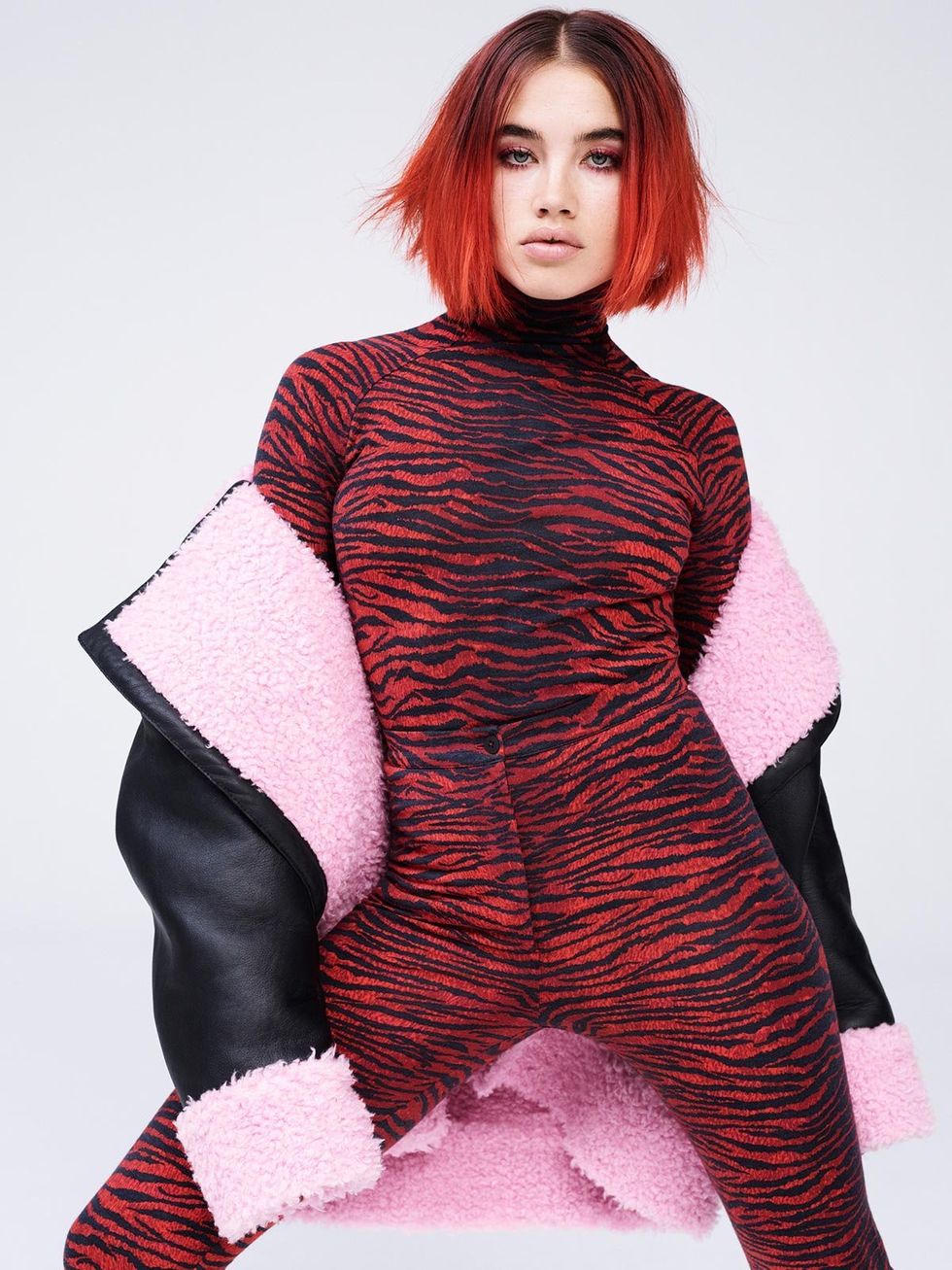 Lip, Sleeve, Shoulder, Red, Fashion model, Costume accessory, Fashion, Red hair, Magenta, Model, 