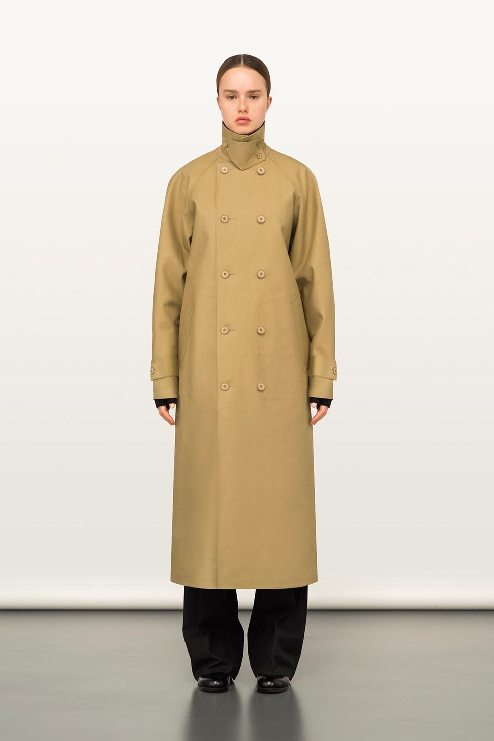 Coat, Collar, Sleeve, Textile, Standing, Joint, Outerwear, Overcoat, Khaki, Style, 