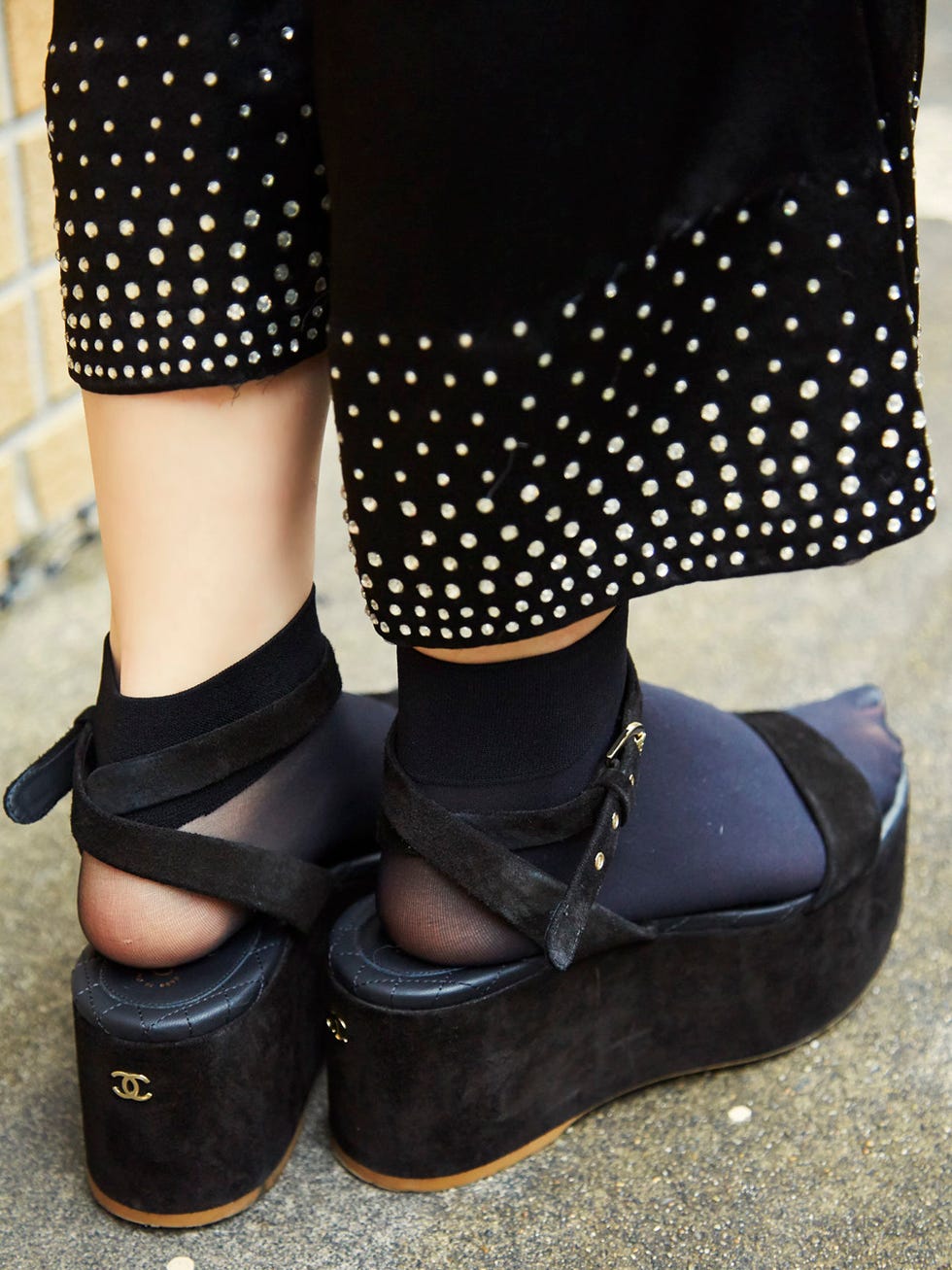 Pattern, Style, Polka dot, High heels, Fashion, Sandal, Black, Foot, Clog, Sock, 