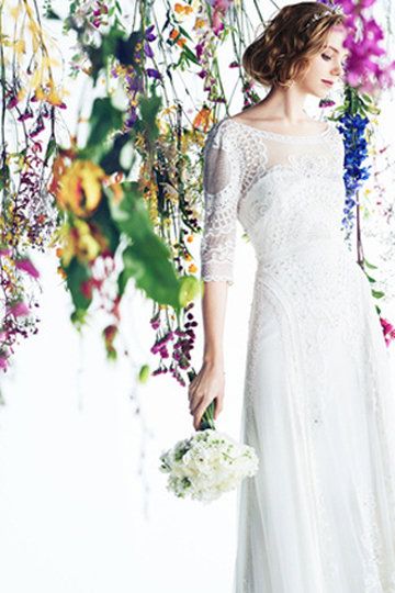Clothing, Petal, Dress, Bridal clothing, Shoulder, Textile, White, Flower, Wedding dress, Purple, 