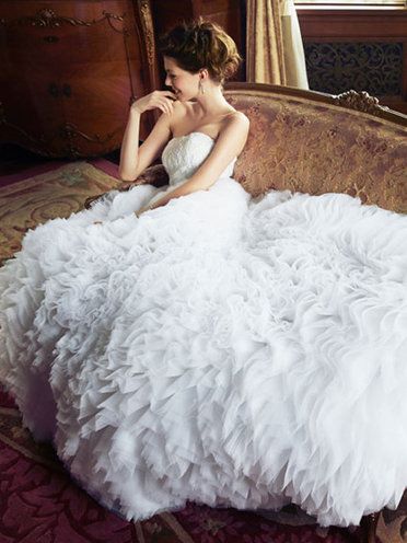 Wedding dress, Dress, Gown, Clothing, Bridal clothing, Bridal party dress, Shoulder, Bride, Strapless dress, Ruffle, 