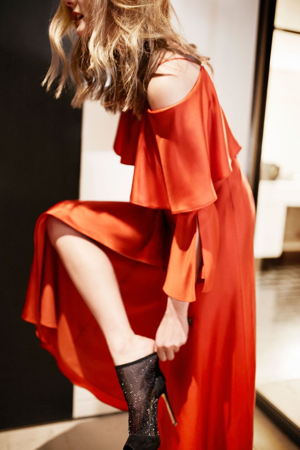 Clothing, Red, Fashion, Shoulder, Outerwear, Orange, Costume, Dress, Joint, Footwear, 