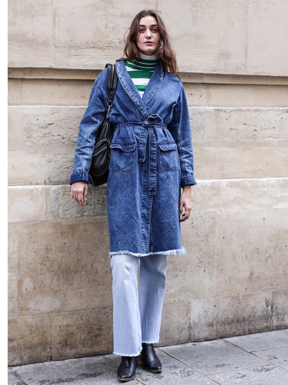 Clothing, Denim, Jeans, Blue, Coat, Street fashion, Trench coat, Outerwear, Fashion, Overcoat, 
