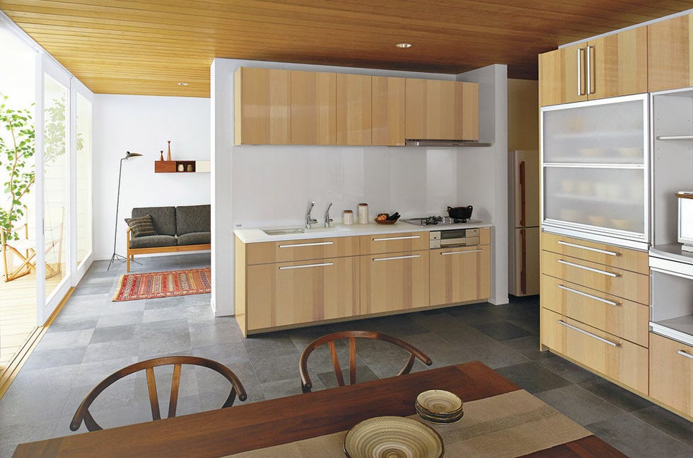 Wood, Room, Floor, Interior design, Property, Flooring, Cupboard, Kitchen appliance, Kitchen, Major appliance, 